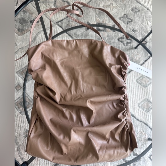 Topshop halter ruched leather look top in camel - Picture 5 of 10